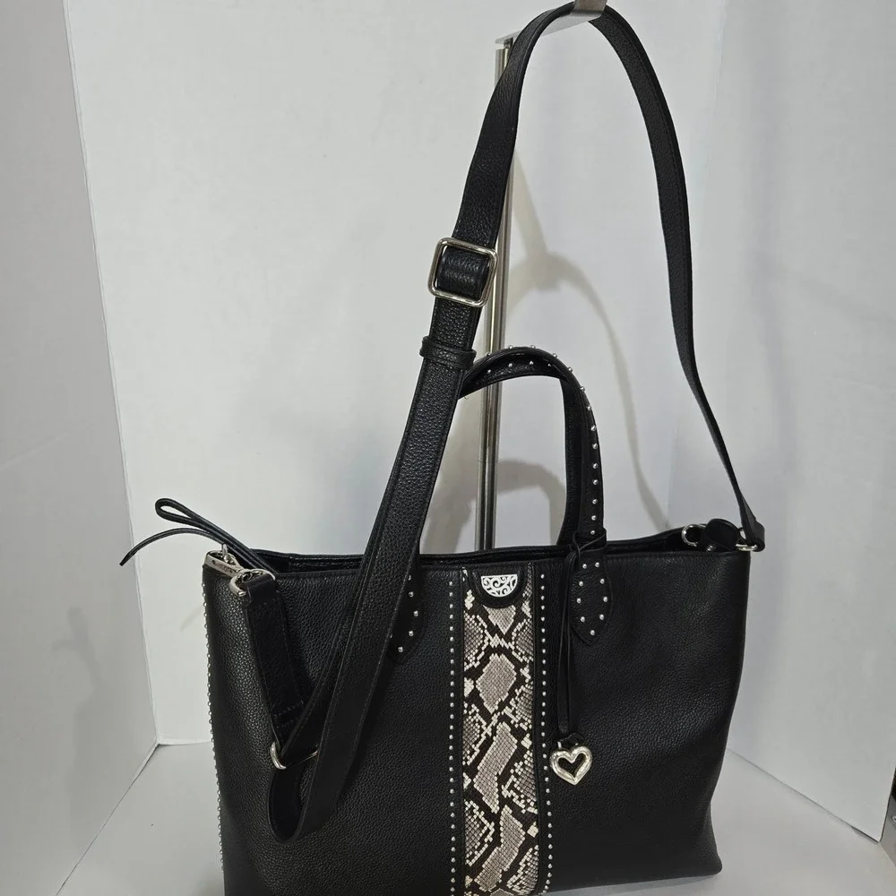 Brighton Tote Bag‎ Black Snakeskin Studded Leather Heart Charm Crossbody